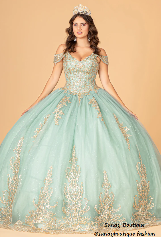 Gold Embroidered Mesh Quinceanera Dress color Sage