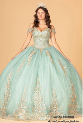 Gold Embroidered Mesh Quinceanera Dress color Sage