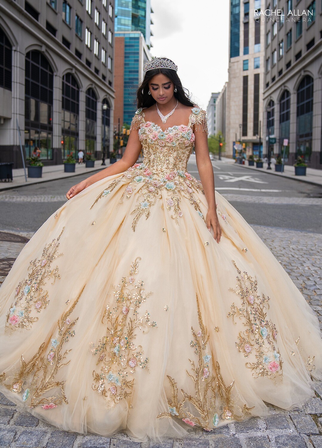 SB3126 TULLE BALLGOWN WITH APPLIQUE, BEADING, AND 3D FLOWERS