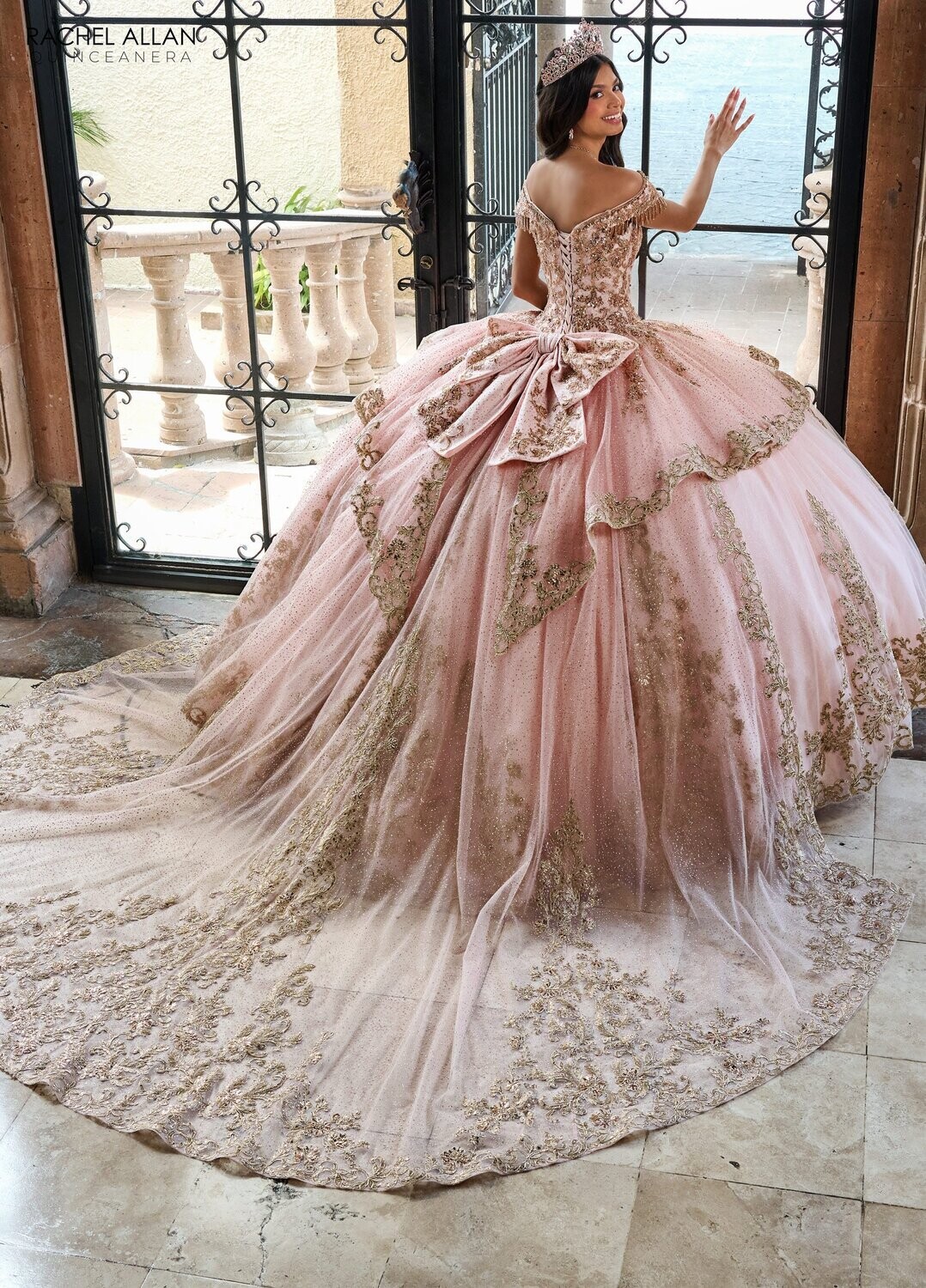SB3129 EMERAL OR BLUSH GOLD, TULLE, GLITTER TULLE, APPLIQUE, BEADING