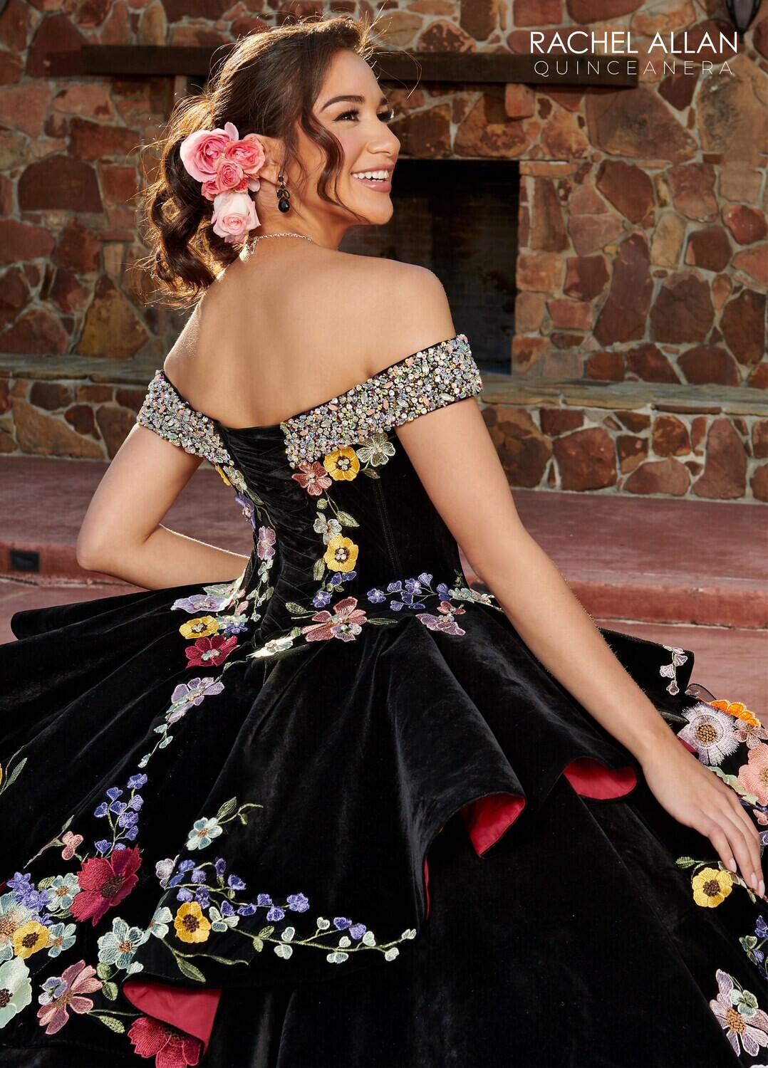 SQ3111 BLACK MULTI, BURGUNDY MULTI, OR PURPLE MULTI - VELVET, ORGANZA, APPLIQUE, BEADING