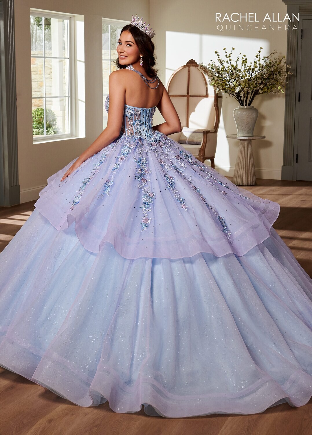 SQ3119 TULLE, GLITTER TULLE, APPLIQUE, BEADING, 3D FLOWERS Available In LILAC LIGHT BLUE, PINK