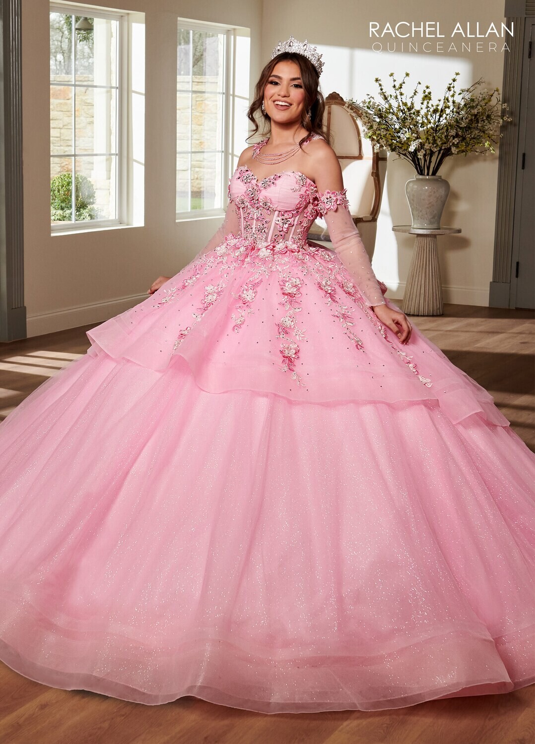 SQ3119 TULLE, GLITTER TULLE, APPLIQUE, BEADING, 3D FLOWERS Available In LILAC LIGHT BLUE, PINK