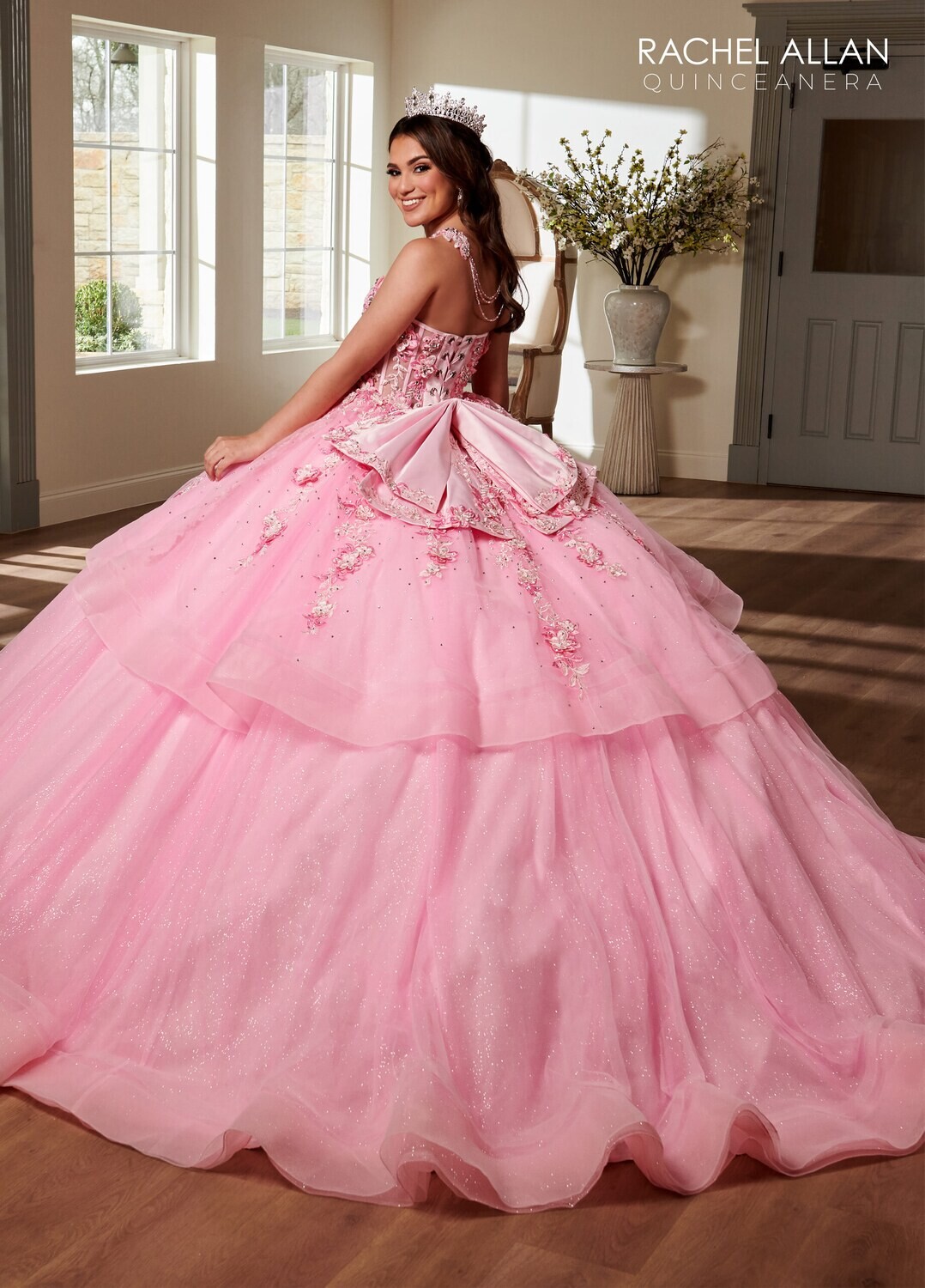 SQ3119 TULLE, GLITTER TULLE, APPLIQUE, BEADING, 3D FLOWERS Available In LILAC LIGHT BLUE, PINK