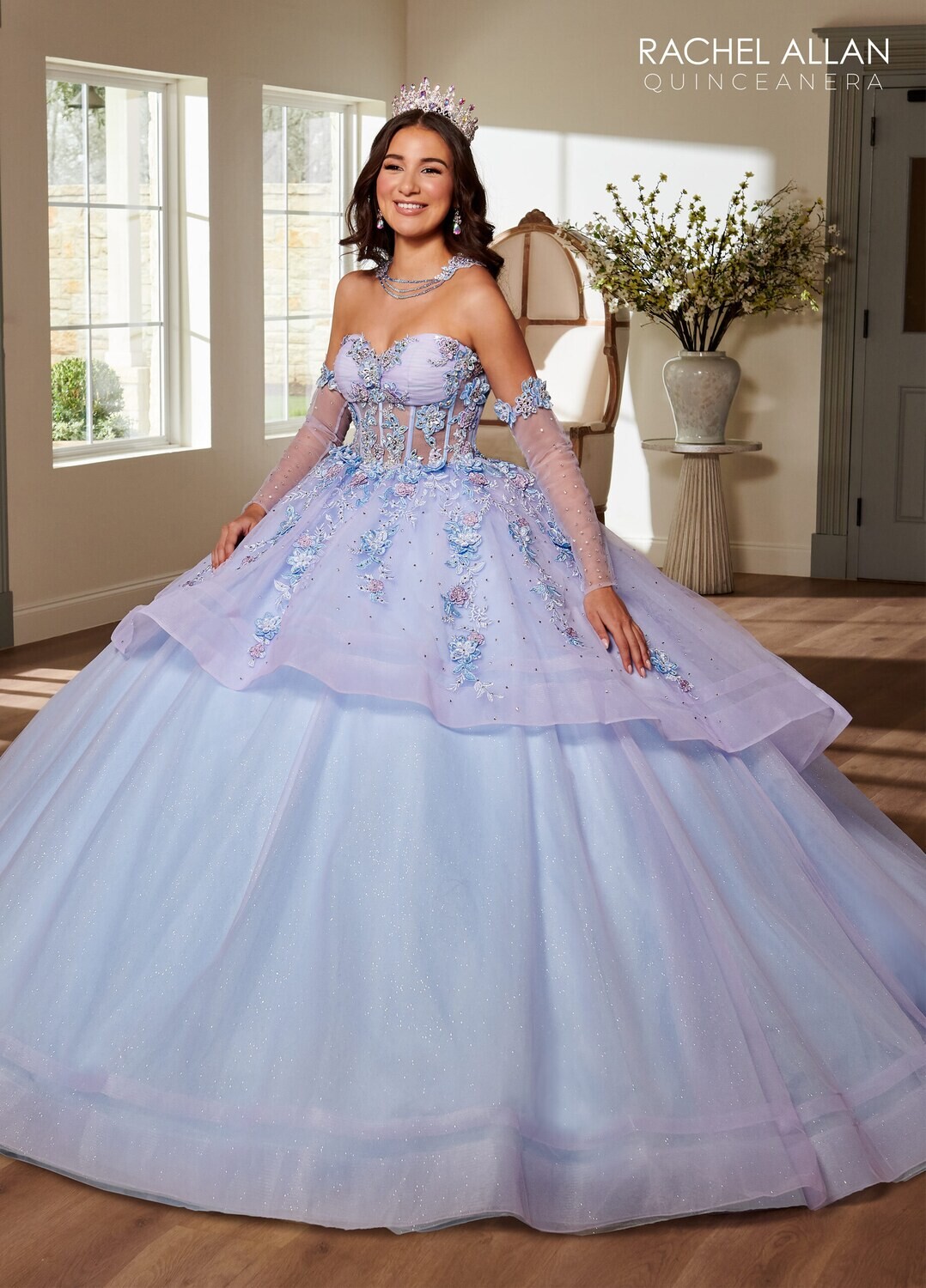 SQ3119 TULLE, GLITTER TULLE, APPLIQUE, BEADING, 3D FLOWERS Available In LILAC LIGHT BLUE, PINK