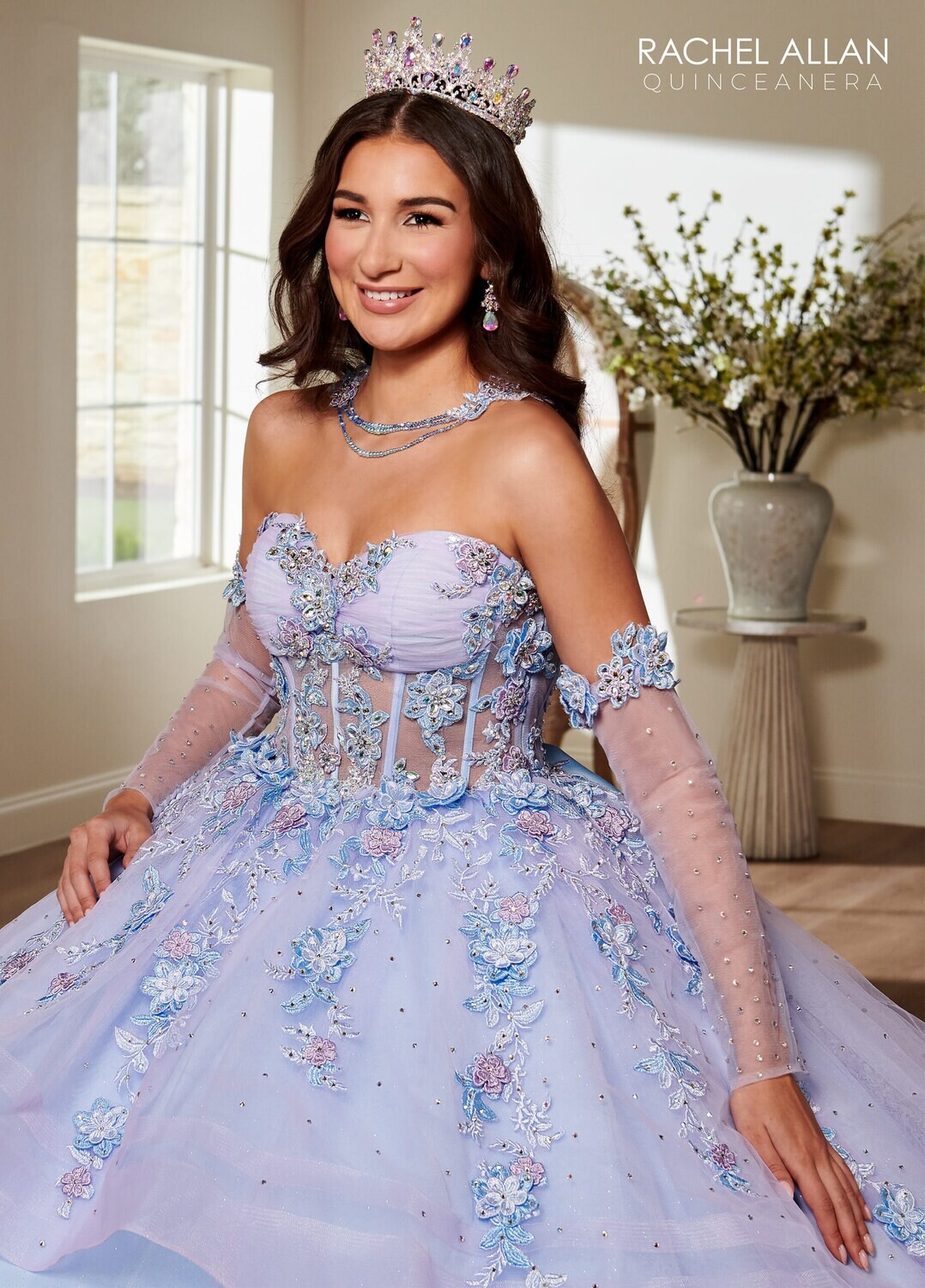 SQ3119 TULLE, GLITTER TULLE, APPLIQUE, BEADING, 3D FLOWERS Available In LILAC LIGHT BLUE, PINK