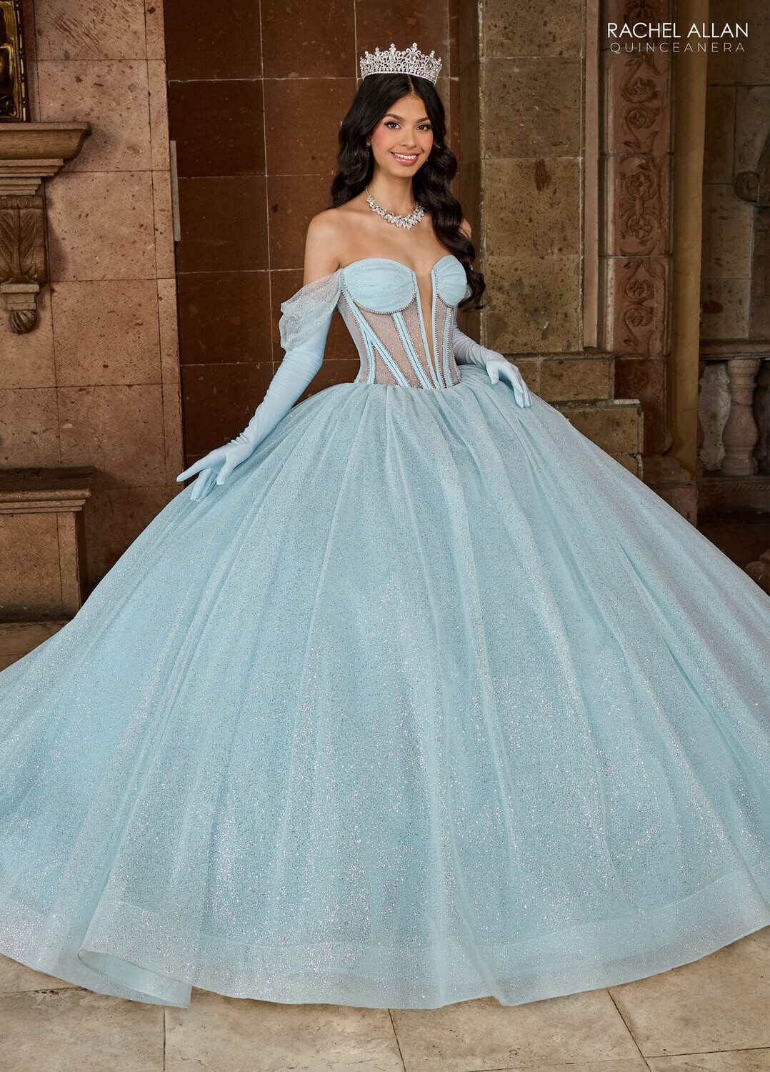 ​RQ2183 GLITTER TULLE, TULLE, ORGANZA, BEADING DEEP CHAMPAGNE, LIGHT BLUE