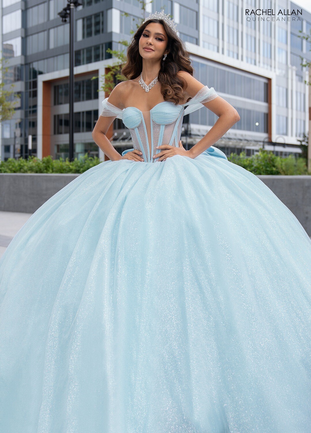​RQ2183 GLITTER TULLE, TULLE, ORGANZA, BEADING DEEP CHAMPAGNE, LIGHT BLUE
