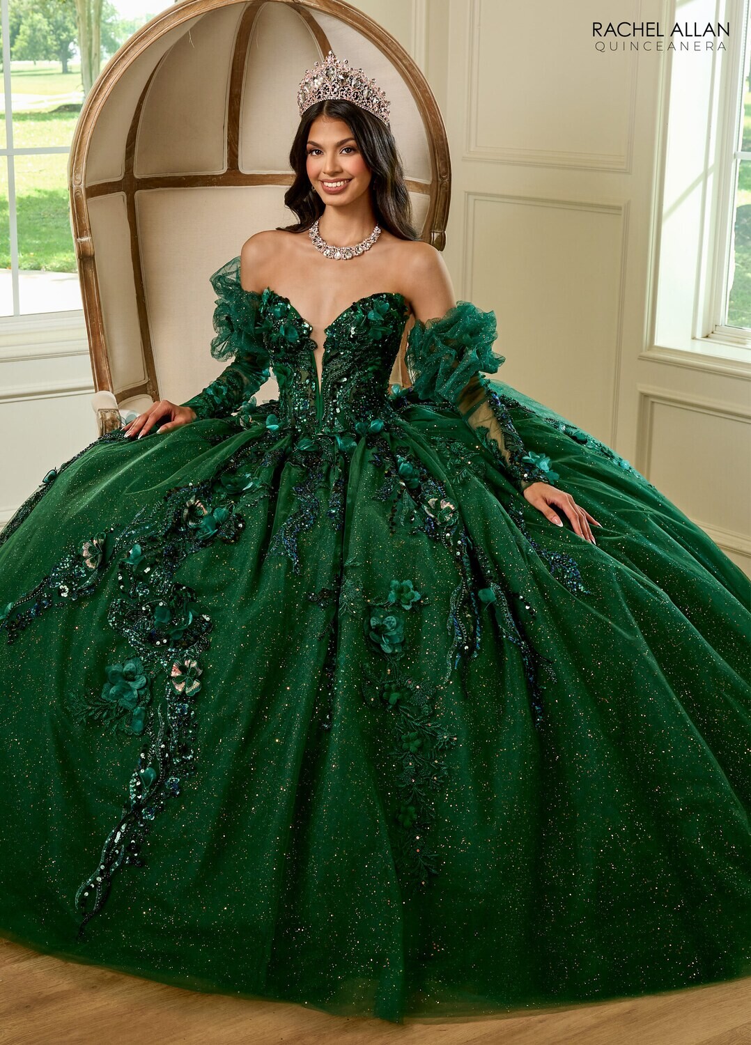 ​RQ2184 TULLE, GLITTER TULLE, APPLIQUE, BEADING, 3D FLOWERS EMERALD, WINE