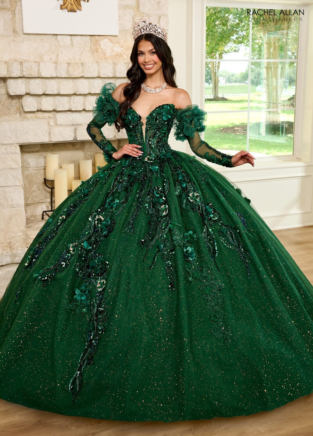 ​RQ2184 TULLE, GLITTER TULLE, APPLIQUE, BEADING, 3D FLOWERS EMERALD, WINE