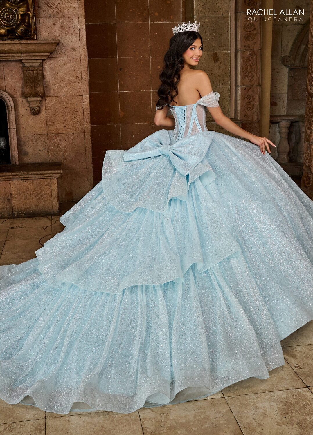 ​RQ2183 GLITTER TULLE, TULLE, ORGANZA, BEADING DEEP CHAMPAGNE, LIGHT BLUE