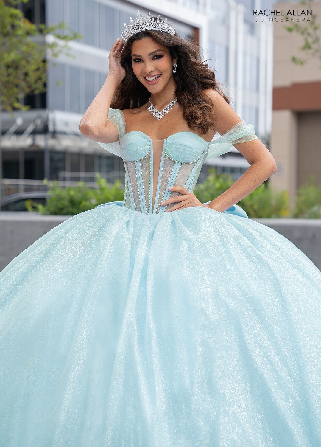 ​RQ2183 GLITTER TULLE, TULLE, ORGANZA, BEADING DEEP CHAMPAGNE, LIGHT BLUE