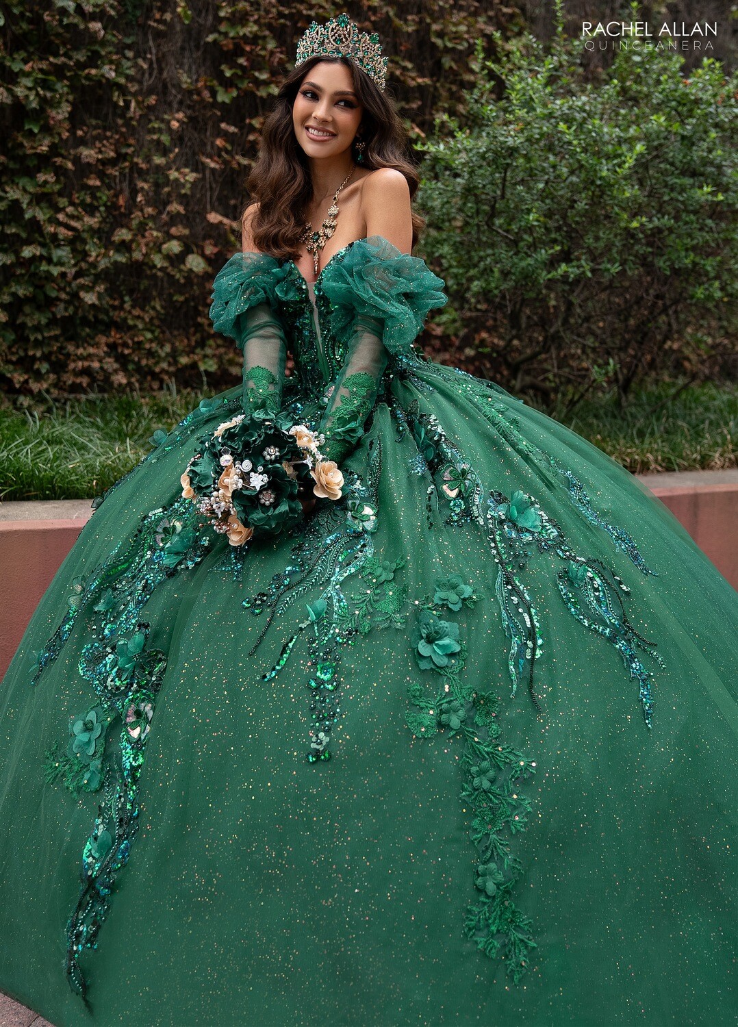 ​RQ2184 TULLE, GLITTER TULLE, APPLIQUE, BEADING, 3D FLOWERS EMERALD, WINE