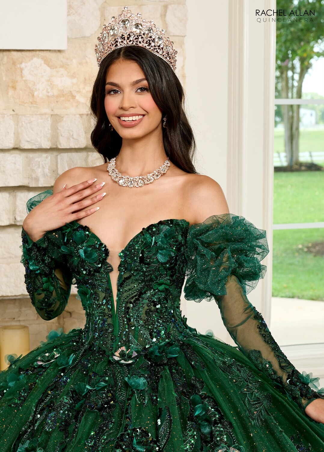 ​RQ2184 TULLE, GLITTER TULLE, APPLIQUE, BEADING, 3D FLOWERS EMERALD, WINE