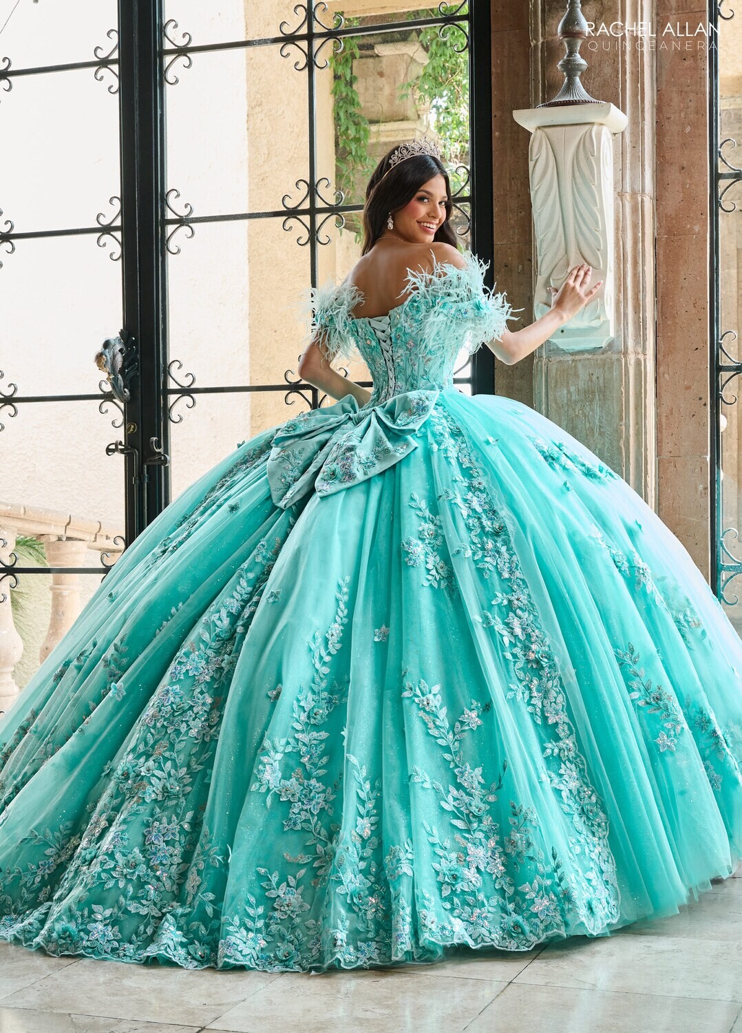 ​RQ2186 TULLE, GLITTER TULLE, APPLIQUE, BEADING, 3D FLOWERS AQUA, BLUSH