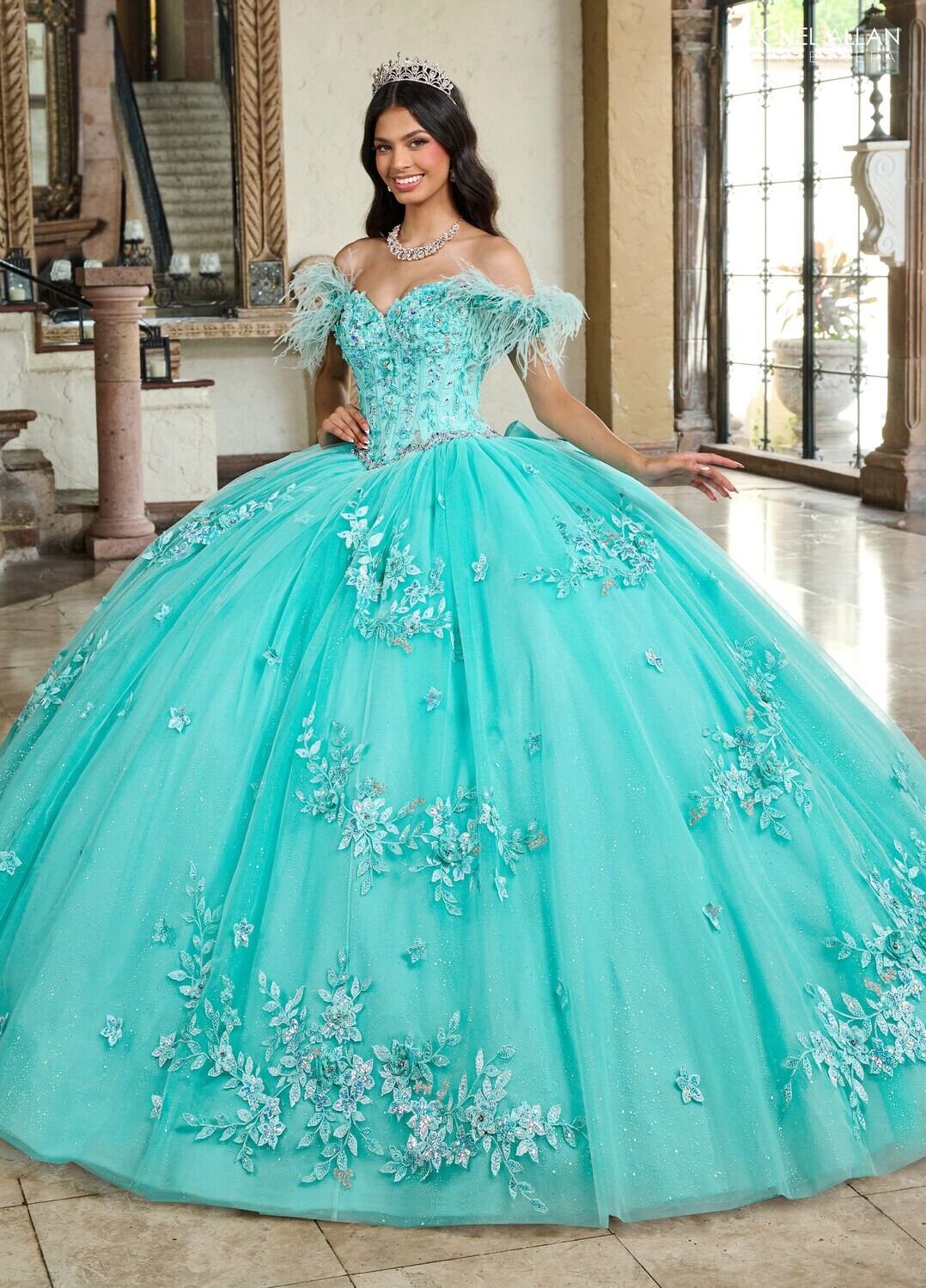 ​RQ2186 TULLE, GLITTER TULLE, APPLIQUE, BEADING, 3D FLOWERS AQUA, BLUSH