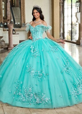 RQ2186 TULLE, GLITTER TULLE, APPLIQUE, BEADING, 3D FLOWERS AQUA, BLUSH