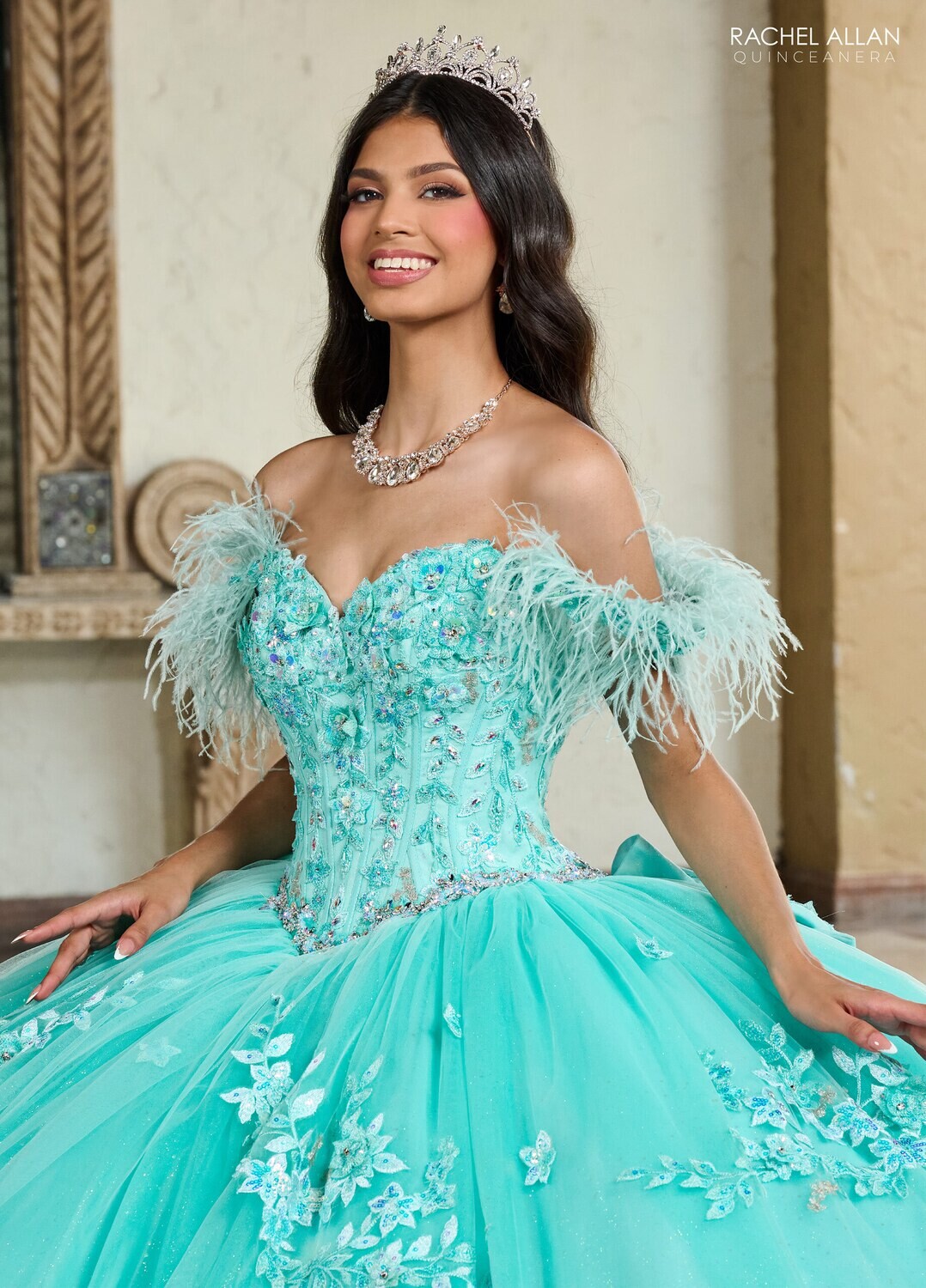 ​RQ2186 TULLE, GLITTER TULLE, APPLIQUE, BEADING, 3D FLOWERS AQUA, BLUSH
