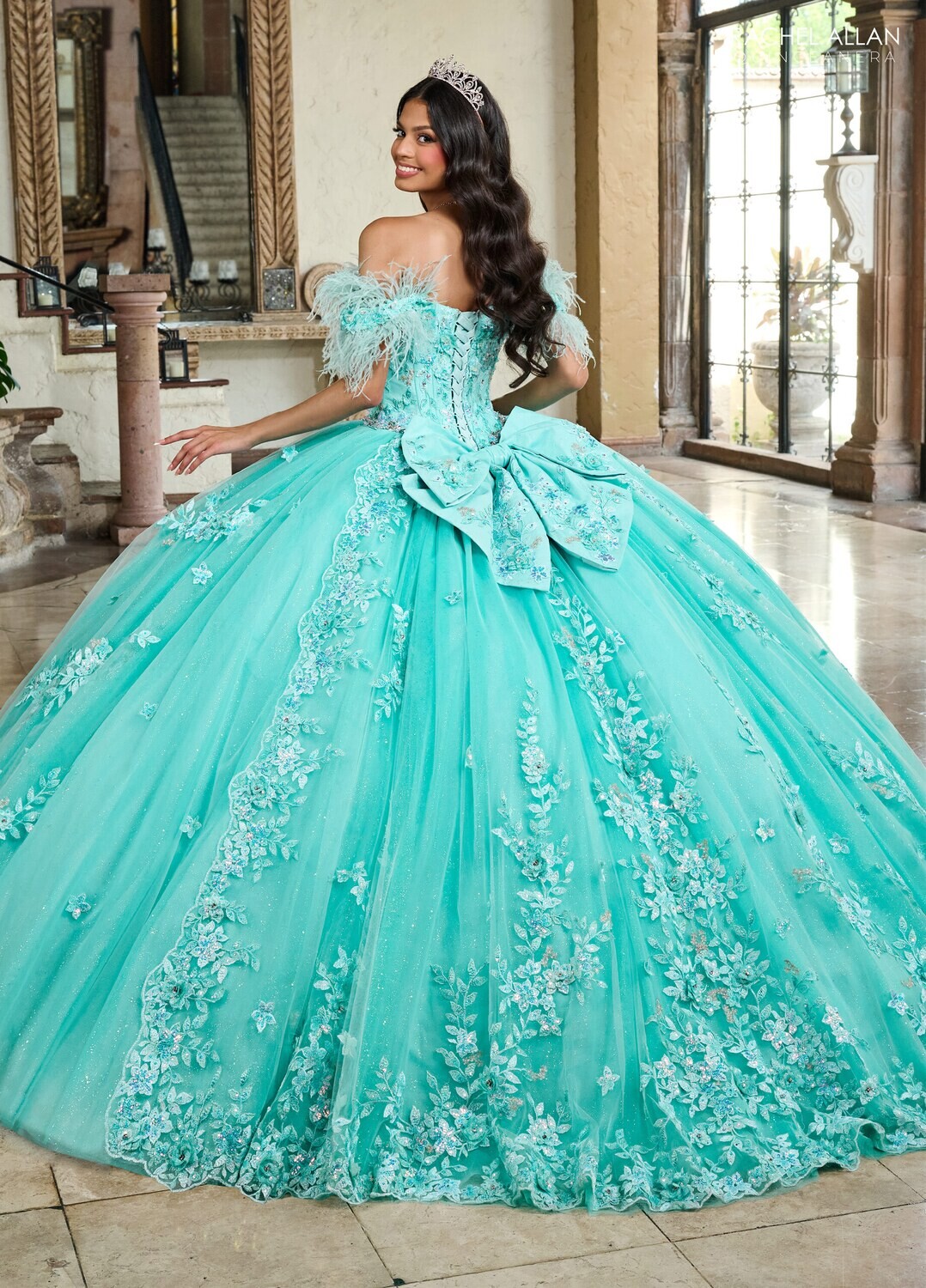 ​RQ2186 TULLE, GLITTER TULLE, APPLIQUE, BEADING, 3D FLOWERS AQUA, BLUSH