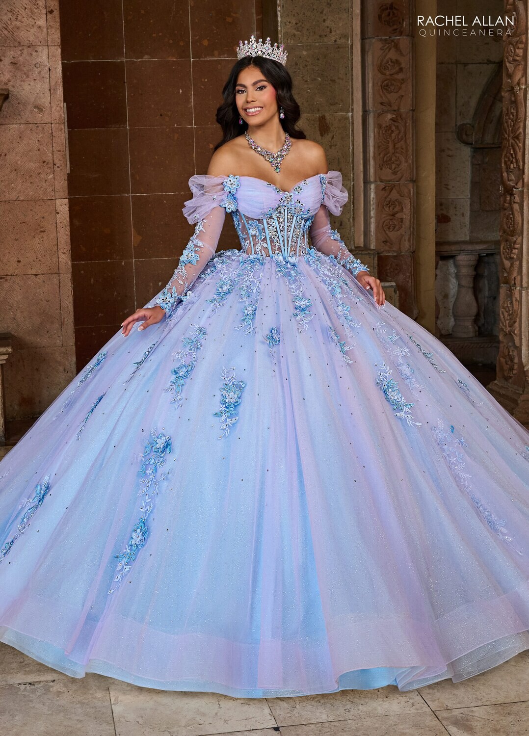 ​RQ2188 TULLE, GLITTER TULLE, APPLIQUE, BEADING, 3D FLOWERS LILAC LIGHT BLUE, RED