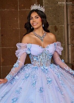 RQ2188 TULLE, GLITTER TULLE, APPLIQUE, BEADING, 3D FLOWERS LILAC LIGHT BLUE, RED