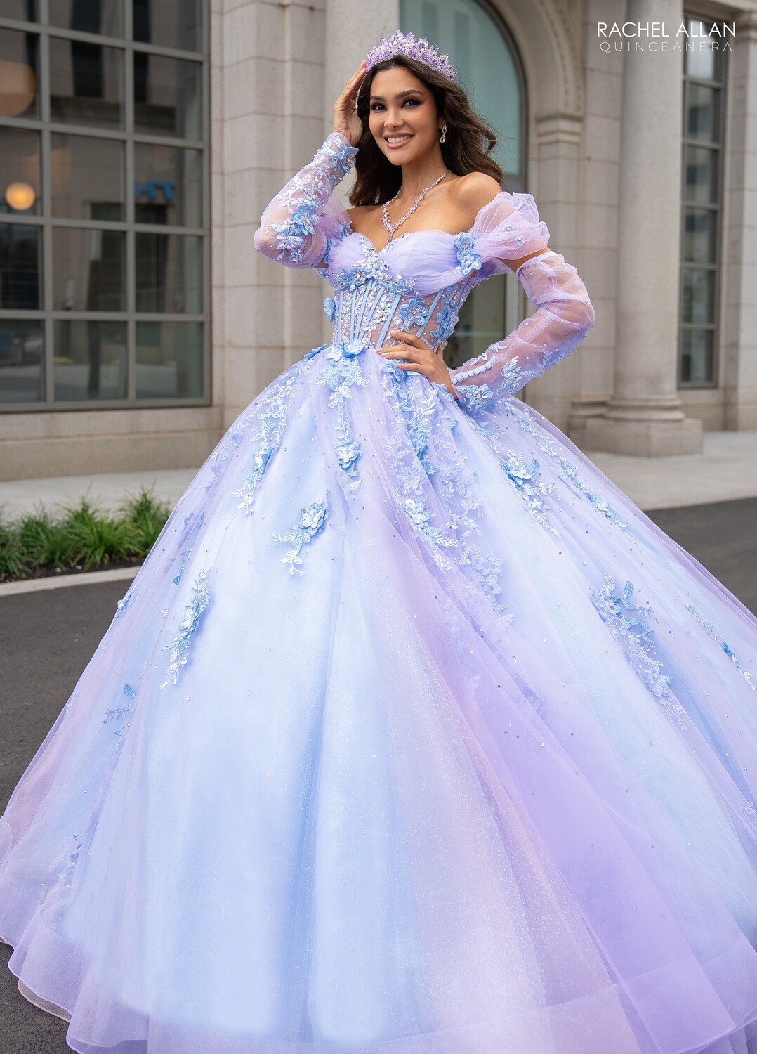 ​RQ2188 TULLE, GLITTER TULLE, APPLIQUE, BEADING, 3D FLOWERS LILAC LIGHT BLUE, RED