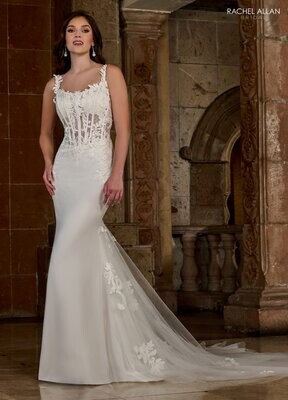 RB5056 STRETCH CREPE, TULLE, APPLIQUE, BEADING Available In: IVORY, WHITE