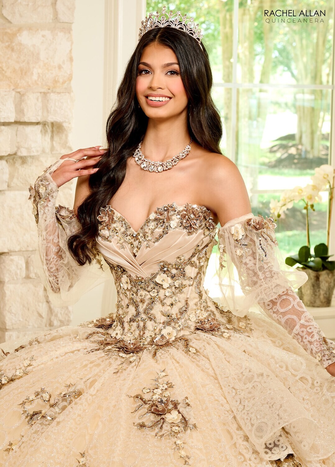 ​ RQ2191 TULLE, GLITTER TULLE, SATIN, APPLIQUE, BEADING BLUSH, CHAMPAGNE GOLD