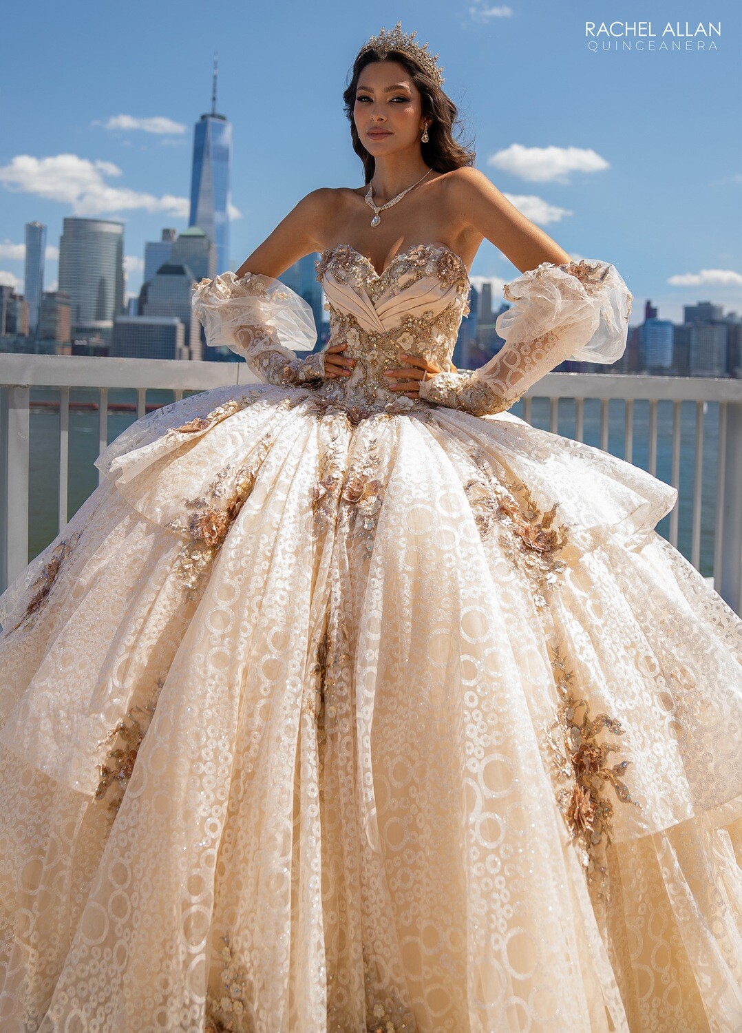 ​ RQ2191 TULLE, GLITTER TULLE, SATIN, APPLIQUE, BEADING BLUSH, CHAMPAGNE GOLD