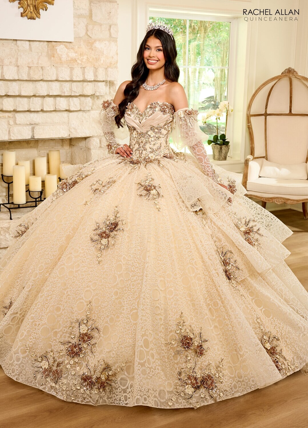 ​ RQ2191 TULLE, GLITTER TULLE, SATIN, APPLIQUE, BEADING BLUSH, CHAMPAGNE GOLD