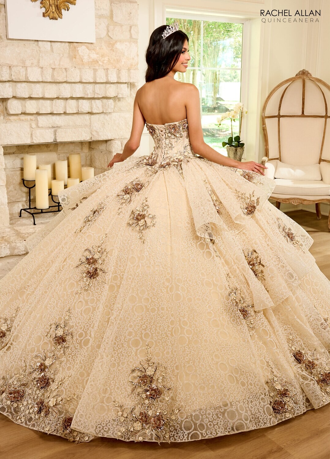 ​ RQ2191 TULLE, GLITTER TULLE, SATIN, APPLIQUE, BEADING BLUSH, CHAMPAGNE GOLD