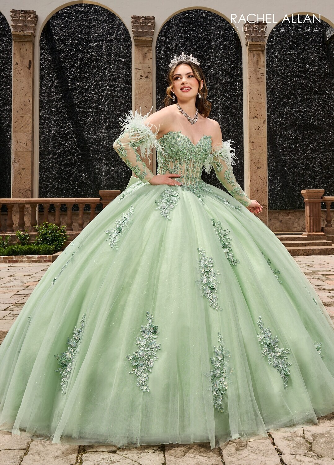 ​RQ2171 TULLE, GLITTER TULLE, APPLIQUE, BEADING, FEATHERS SAGE, WINE