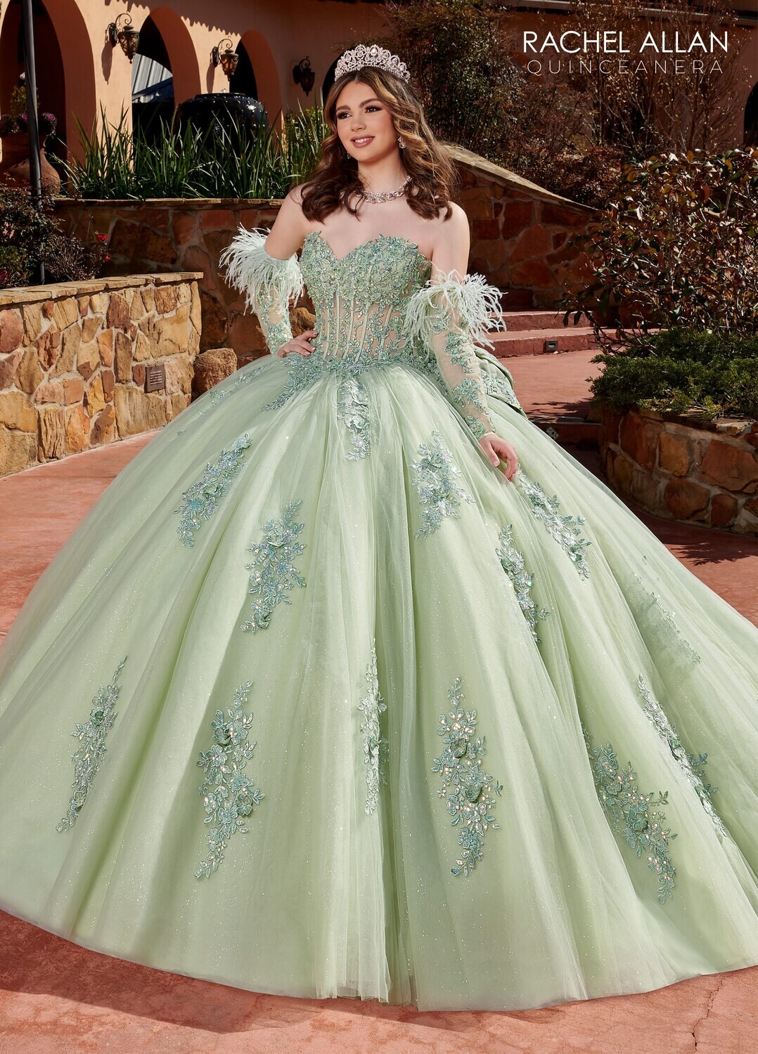 ​RQ2171 TULLE, GLITTER TULLE, APPLIQUE, BEADING, FEATHERS SAGE, WINE