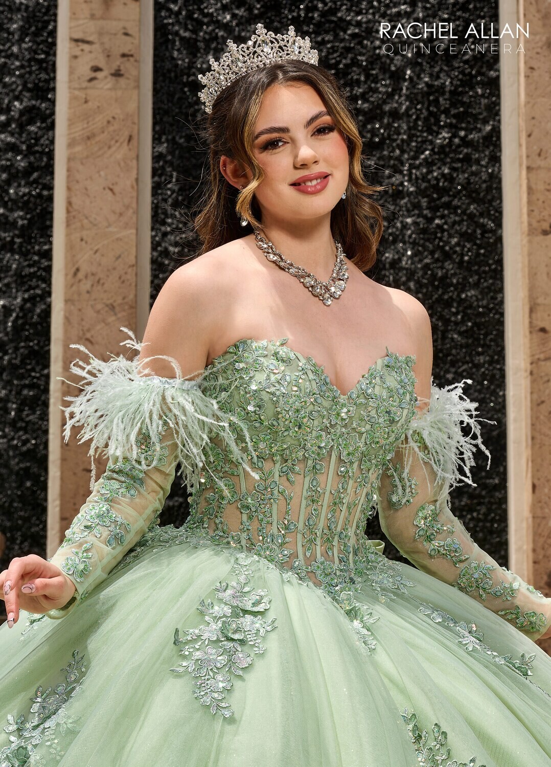 ​RQ2171 TULLE, GLITTER TULLE, APPLIQUE, BEADING, FEATHERS SAGE, WINE