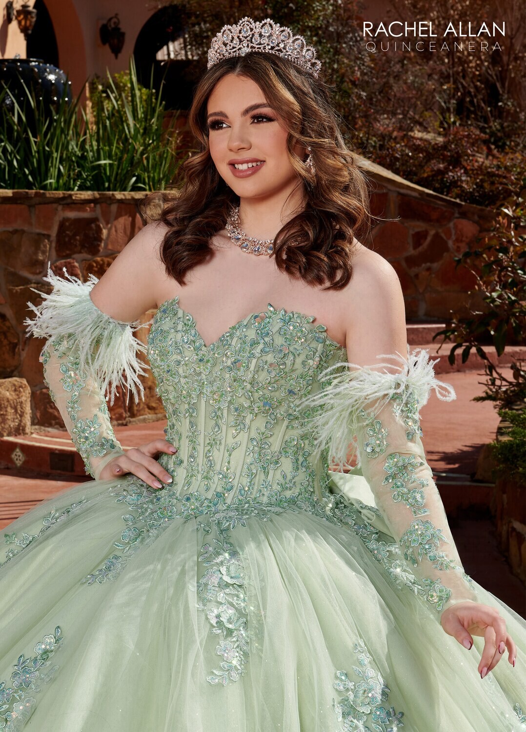 ​RQ2171 TULLE, GLITTER TULLE, APPLIQUE, BEADING, FEATHERS SAGE, WINE