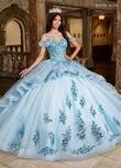 RQ1136 Fabric: 	TULLE, GLITTER TULLE, APPLIQUE, BEADING Available In: 	BLUSH IRIDESCENT, LIGHT BLUE