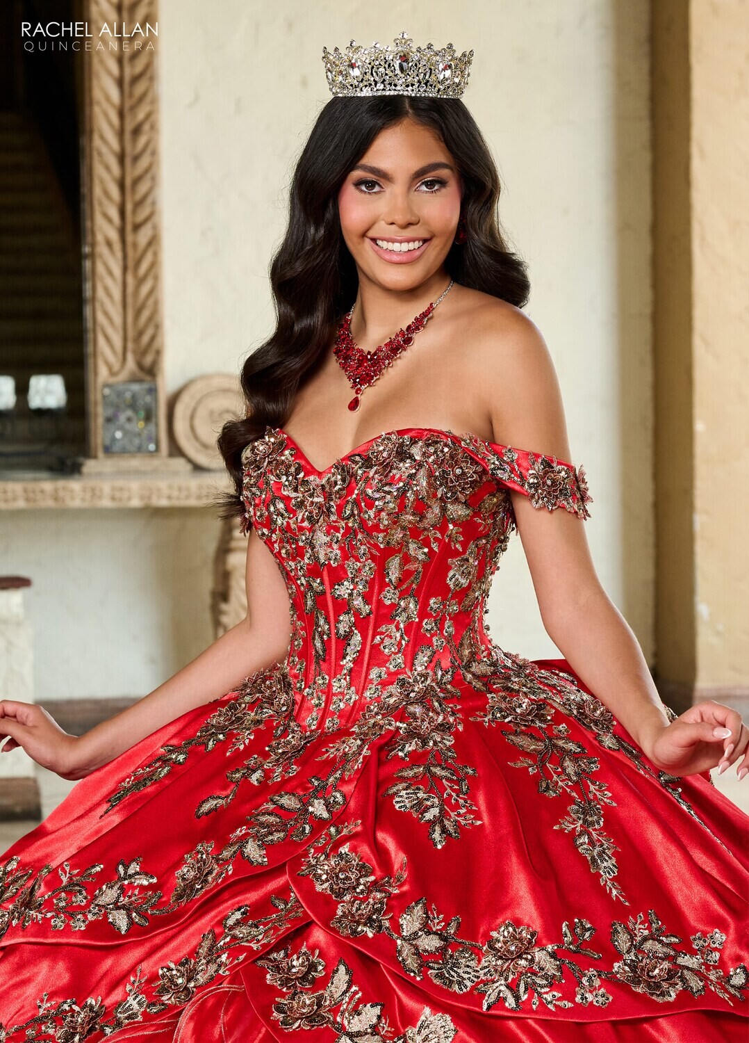 ​RQ5001 SATIN, ORGANZA, APPLIQUE, BEADING Available In: RED GOLD, WHITE GOLD