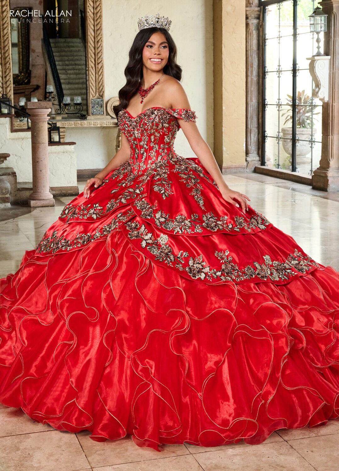 ​RQ5001 SATIN, ORGANZA, APPLIQUE, BEADING Available In: RED GOLD, WHITE GOLD