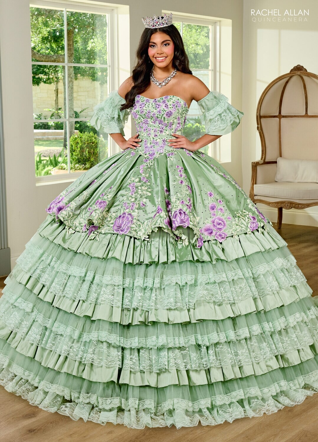 ​RQ5002 TAFFETA, LACE, APPLIQUE, BEADING Available In: BLACK MULTI, SAGE MULTI, WHITE MULTI