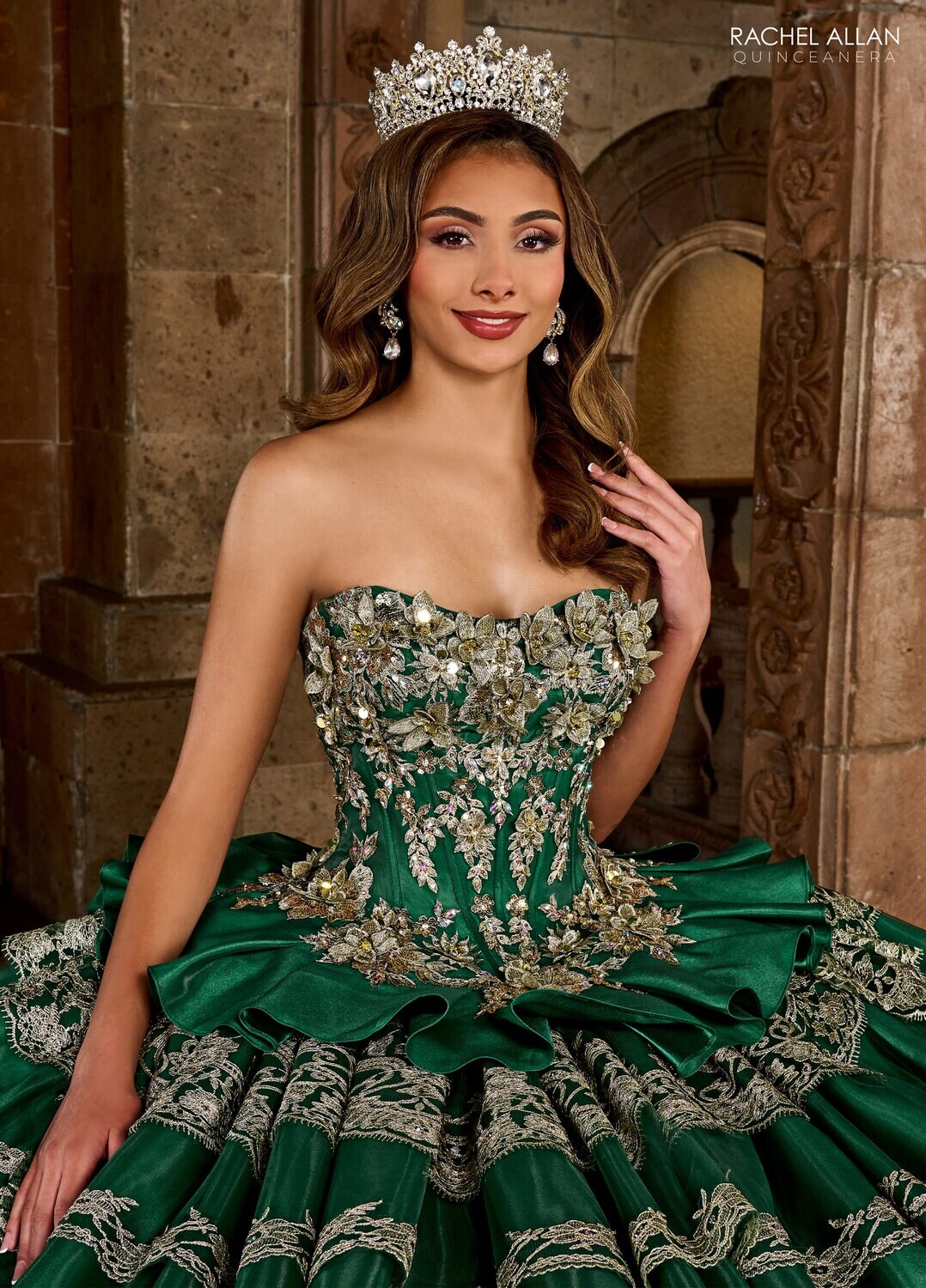 ​RQ5003 SATIN, TULLE, GLITTER TULLE, LACE, APPLIQUE, BEADING Available In EMERALD GOLD, WHITE GOLD