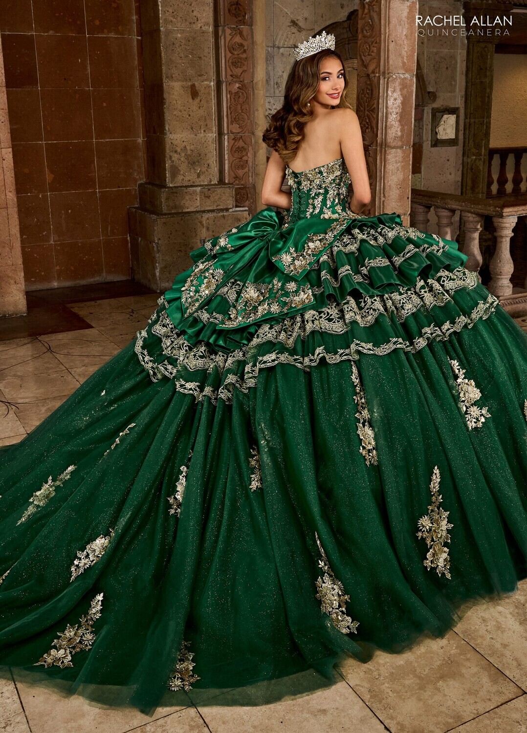 ​RQ5003 SATIN, TULLE, GLITTER TULLE, LACE, APPLIQUE, BEADING Available In EMERALD GOLD, WHITE GOLD