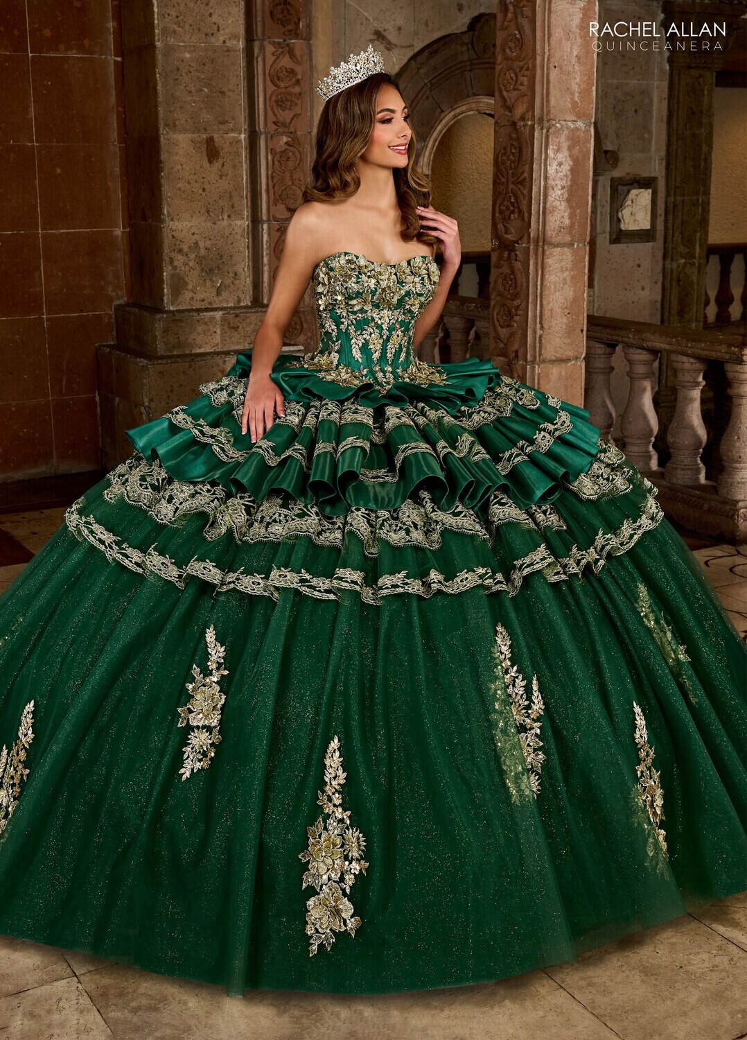 ​RQ5003 SATIN, TULLE, GLITTER TULLE, LACE, APPLIQUE, BEADING Available In EMERALD GOLD, WHITE GOLD