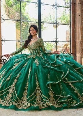 RQ1137 Fabric: 	TULLE, GLITTER TULLE, APPLIQUE, BEADING Available In: 	EMERALD GOLD, ROYAL SILVER