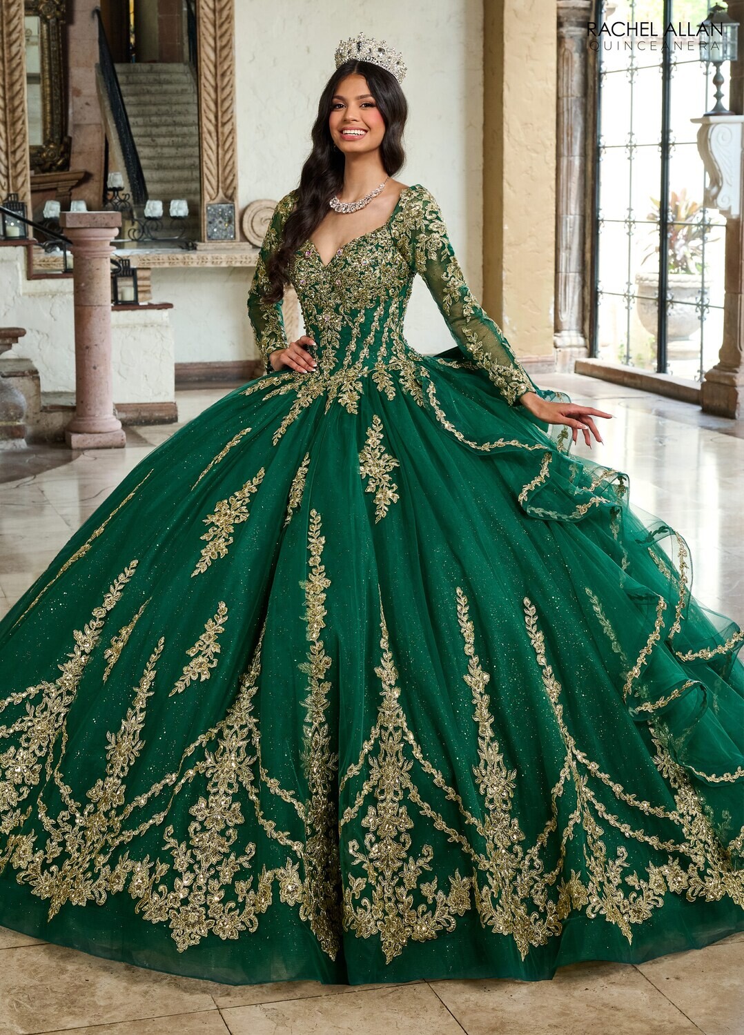 RQ1137 Fabric: 	TULLE, GLITTER TULLE, APPLIQUE, BEADING Available In: 	EMERALD GOLD, ROYAL SILVER