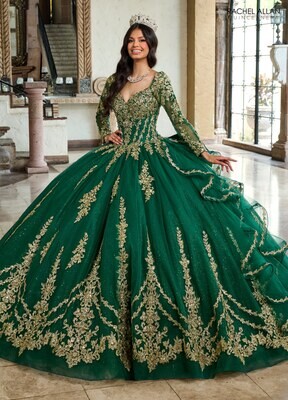 RQ1137 Fabric: TULLE, GLITTER TULLE, APPLIQUE, BEADING Available In: EMERALD GOLD, ROYAL SILVER