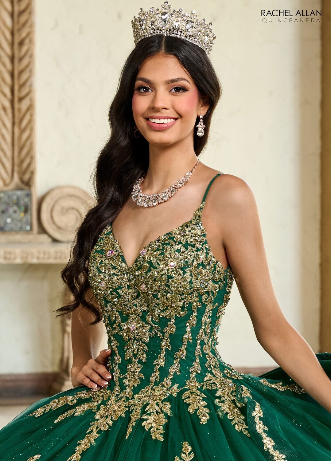 RQ1137 Fabric: 	TULLE, GLITTER TULLE, APPLIQUE, BEADING Available In: 	EMERALD GOLD, ROYAL SILVER