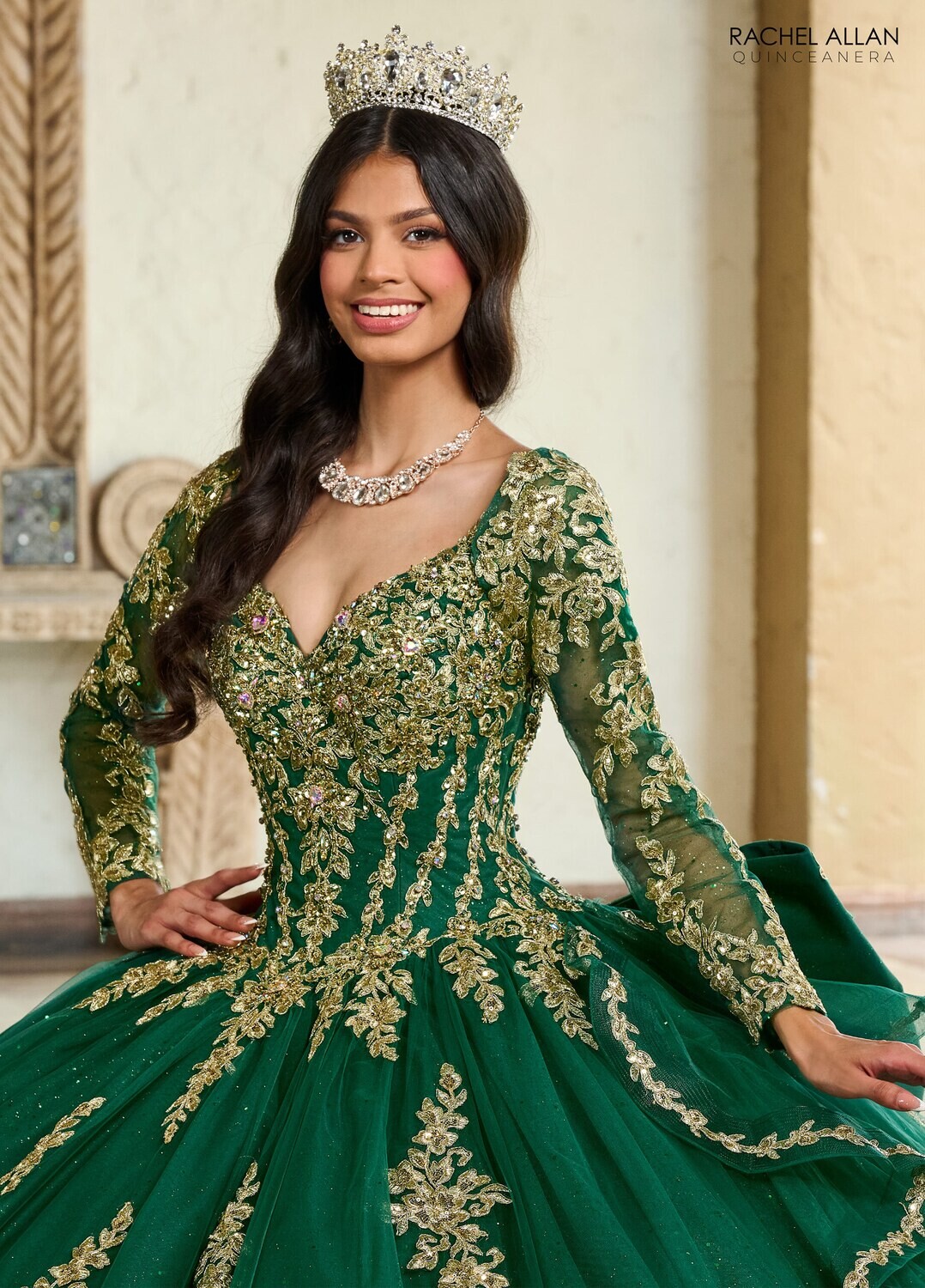 RQ1137 Fabric: 	TULLE, GLITTER TULLE, APPLIQUE, BEADING Available In: 	EMERALD GOLD, ROYAL SILVER