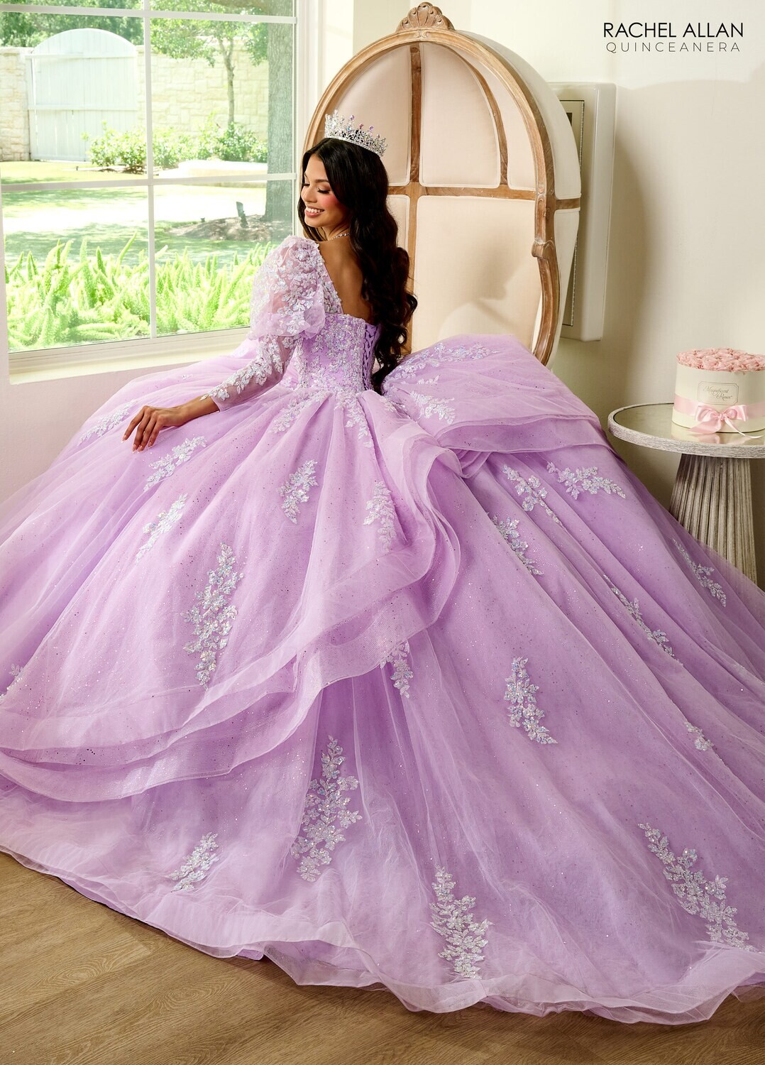 RQ1131 TULLE, GLITTER TULLE, APPLIQUE BEADING Available In: BRIGHT PINK, LILAC IRIDESCENT, MINT IRIDESCENT
