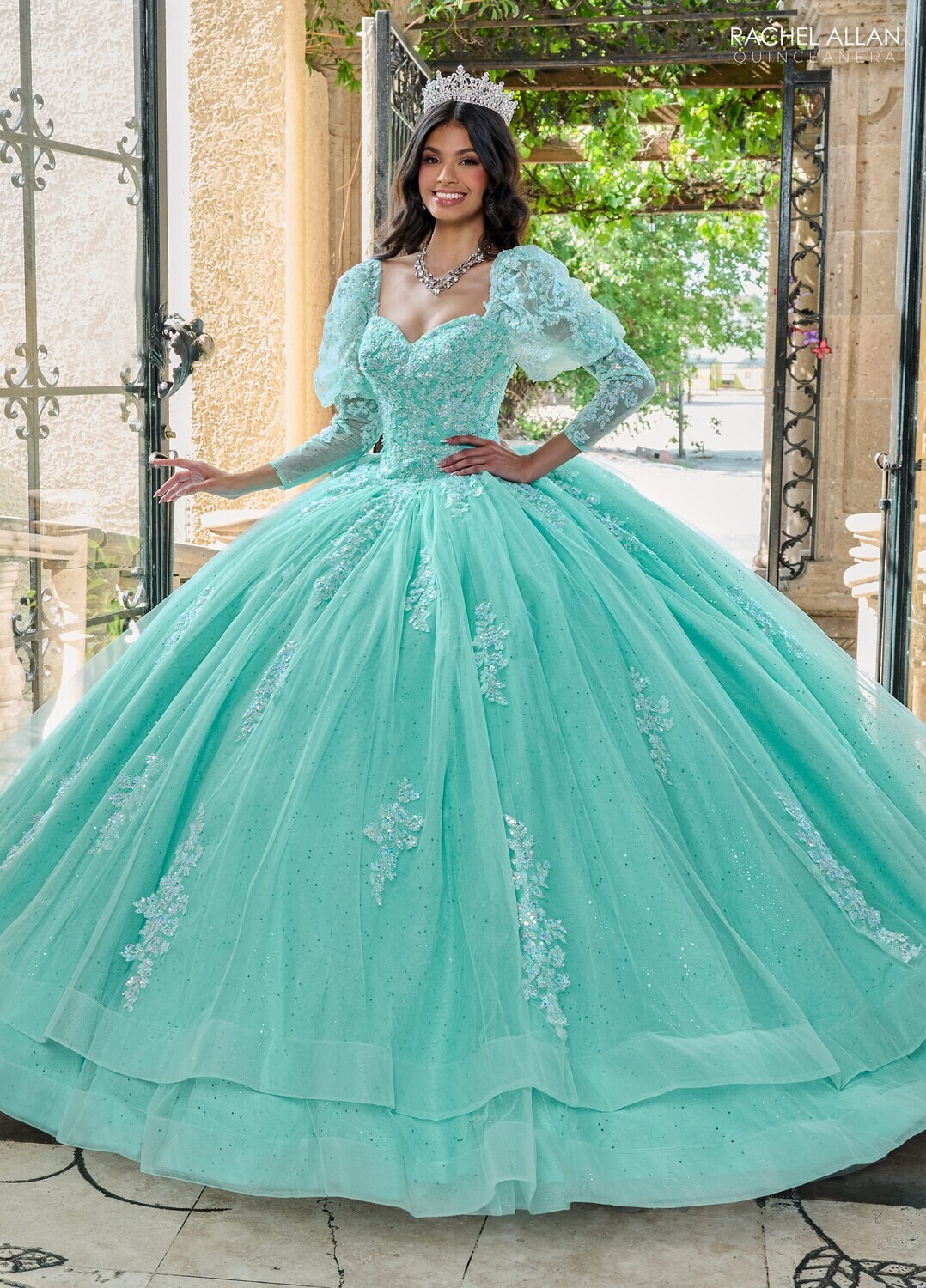 RQ1131 TULLE, GLITTER TULLE, APPLIQUE BEADING Available In: BRIGHT PINK, LILAC IRIDESCENT, MINT IRIDESCENT