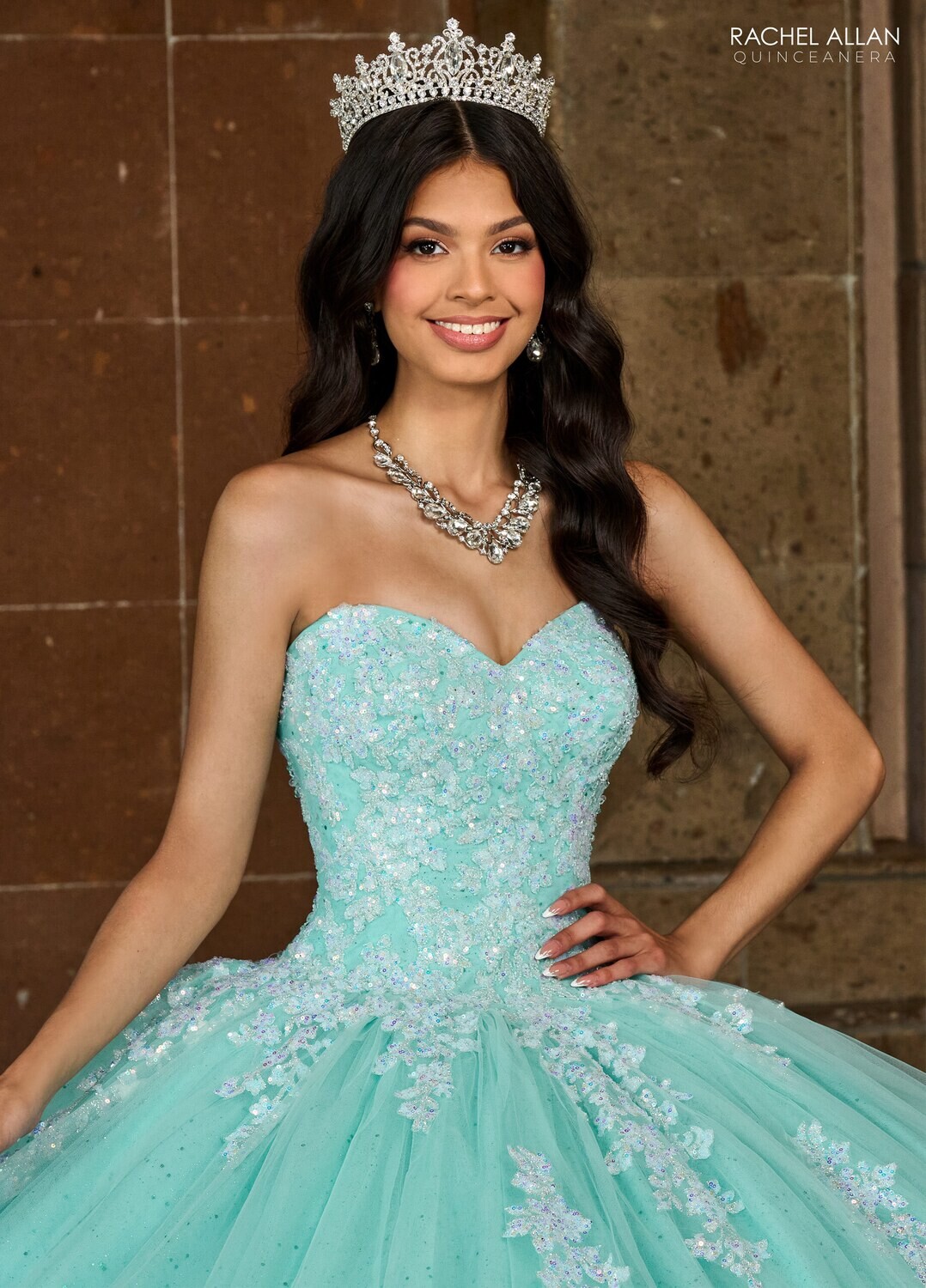 RQ1131 TULLE, GLITTER TULLE, APPLIQUE BEADING Available In: BRIGHT PINK, LILAC IRIDESCENT, MINT IRIDESCENT